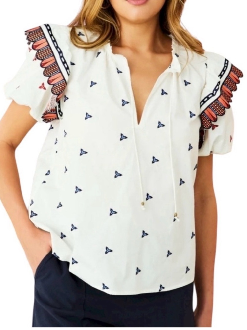 Marie Oliver White Embroidered Vida Ruffle‎ Sleeve Top Women's Size Medium